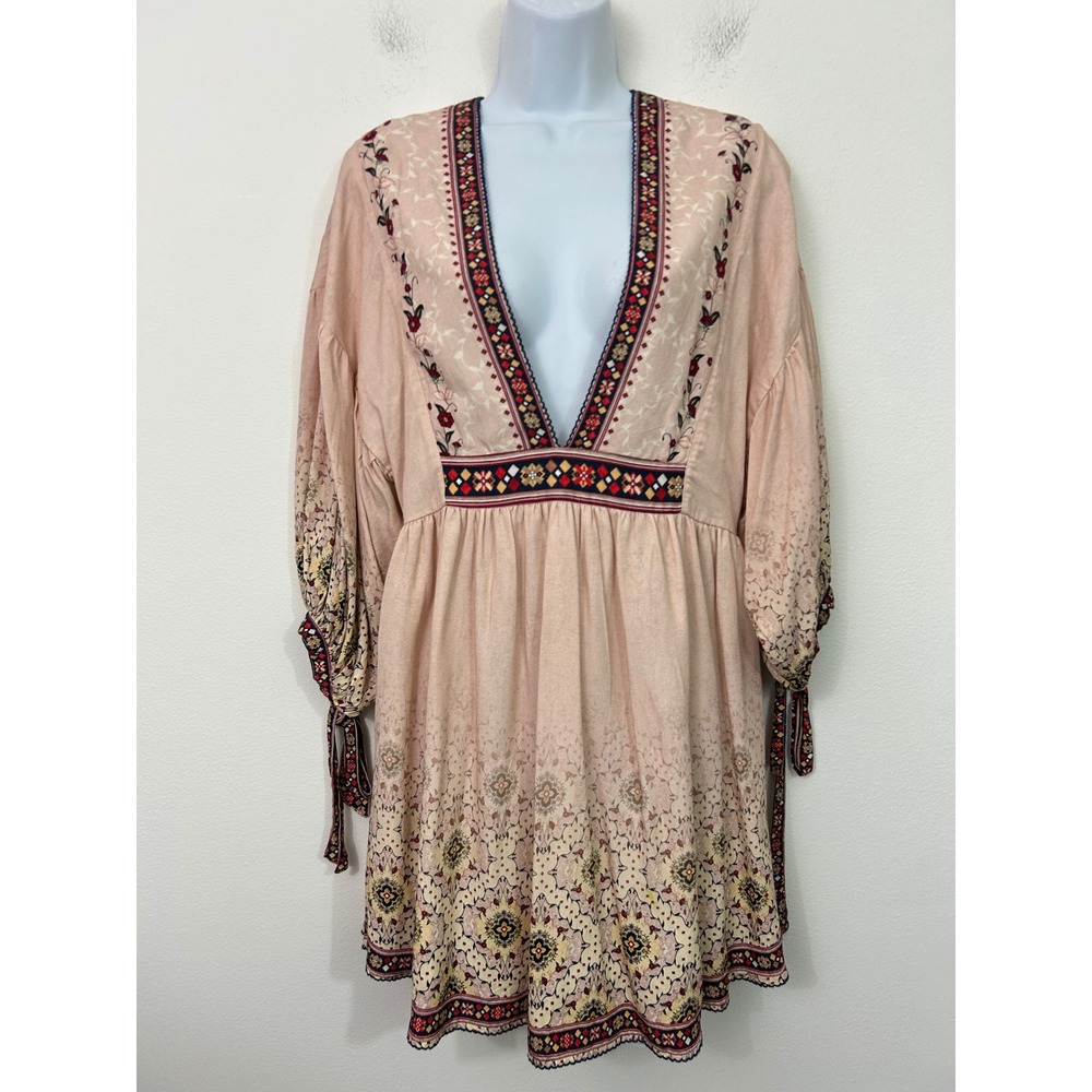 Agua Bendita Alex Kezia Pink Floral Boho Mini Dress Deep V Open Back L/G - Picture 2 of 11